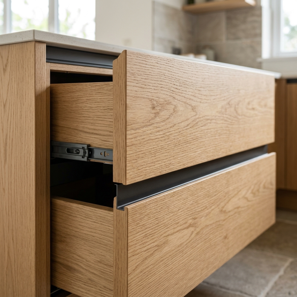 Close-up of a custom kitchen cabinet drawer in light stained white oak with hidden runners.