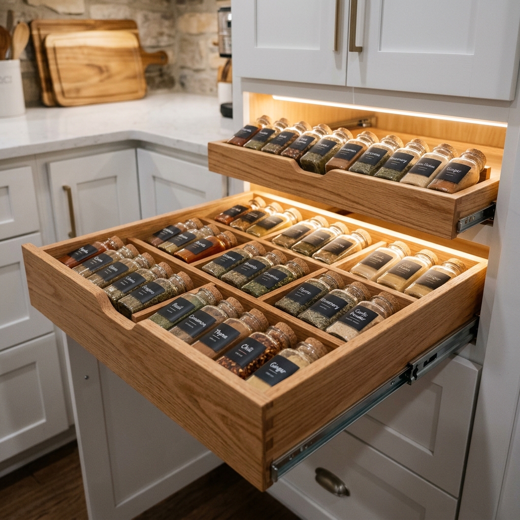 Close-up of organized custom kitchen pantry drawers with wooden spice racks and LED lighting.